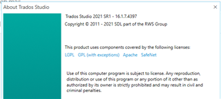 Screenshot of 'About Trados Studio' window showing version number 2021 SR1 - 16.1.7.4397, with copyright and license information.
