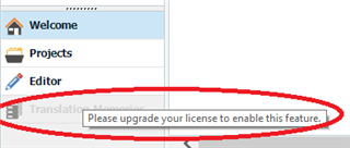 Trados Studio screenshot showing an error message 'Please upgrade your license to enable this feature' highlighted in the Translation Memories tab.