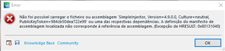 Error message window saying 'Could not load file or assembly 'Sdl.LanguagePlatform.TranslationMemoryApi, Version=15.0.0.0, Culture=neutral' or one of its dependencies. The located assembly's manifest definition does not match the assembly reference. (Exception from HRESULT: 0x80131040)' with an OK button.