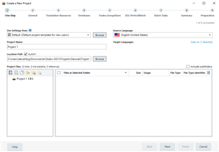 Trados Studio 2021 Create a New Project window showing the first step with options for Project Name, Location Path, and Template Selection. No error messages displayed.