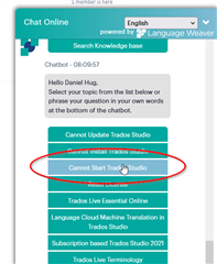 Screenshot of Trados Studio support chatbot with an option circled in red labeled 'Cannot Start Trados Studio'.