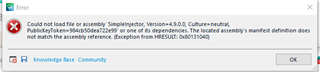 Error message window saying 'Could not load file or assembly 'Sdl.ProjectApi, Version=15.0.0.0, Culture=neutral' or one of its dependencies. The located assembly's manifest definition does not match the assembly reference. Exception from HRESULT: 0x80131040'.