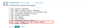 Email screenshot showing a list of plugins for Trados Studio with an error on plugin number 22, 'XLIFF Manager for SDL Trados Studio', highlighted in red.