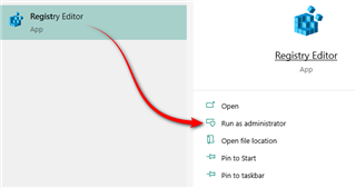 Screenshot showing the context menu of the Registry Editor app with an arrow pointing to the 'Run as administrator' option.