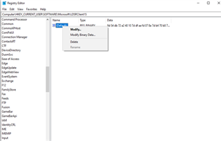 Screenshot of Registry Editor with a context menu open for 'ComputerHKEY_CURRENT_USER Software SDL SDL Trados Studio 16.0' showing options: Modify, Modify Binary Data, Delete, and Rename.