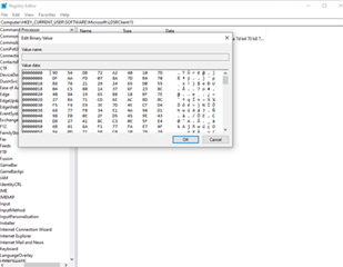 Screenshot of a Registry Editor window with a 'Edit Binary Value' dialog box open showing hexadecimal values.