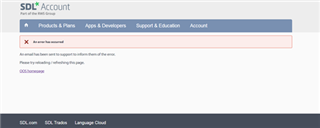 Screenshot of SDL Account page with an error message displayed in a red box, stating 'An error has occurred. Please try reloading or refreshing the page. (ID: 000000000).'