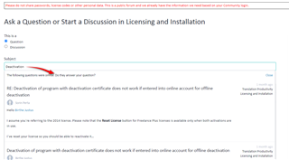 Screenshot of a forum post with the subject 'Deactivation' showing a suggested topics dropdown with a relevant question about license deactivation.