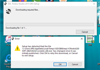 Error message during Trados Studio 2015 SR3 setup indicating a Temp file has changed since it was initially published with options to retry or cancel setup.