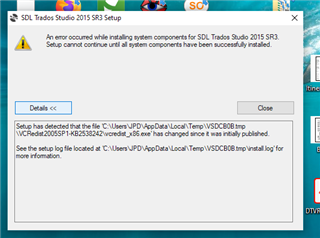 Error message stating an error occurred while installing system components for Trados Studio 2015 SR3 and setup cannot continue until all components have been successfully installed.