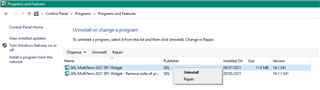 Control Panel window showing Programs and Features with SDL MultiTerm Widget selected and the Repair option highlighted.