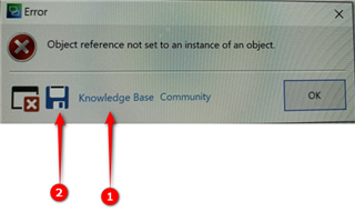 Error dialog box in Trados Studio with message 'Object reference not set to an instance of an object.' Two icons indicated: 1) Knowledge Base, 2) Community.