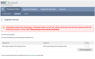 Screenshot of Trados Studio license upgrade page with a warning message stating 'Upgrading means the license(s) shown on the left will be removed and will be replaced with the license(s) shown on the right. This process can not be reversed.' and a 'Process Upgrade' button.