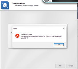 Trados Studio activation error message stating 'Activation failed. Please provide quantity less than or equal to the remaining quantity 0.' with an OK button.