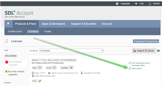 Screenshot of SDL Account page showing Trados Studio 2019 Professional license with an option to reset license, indicated by a green arrow.