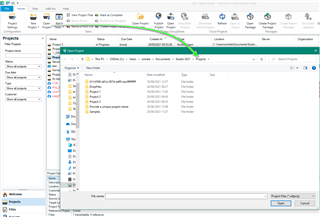Trados Studio screenshot of the Open Project dialog box, with a user navigating through project folders to select a project to reopen.