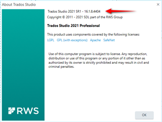About Trados Studio window showing version 16.1.8.4404 with a red arrow pointing to the version number.