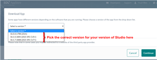 SDL AppStore Download App window with a dropdown menu for selecting a version, a red arrow points to the correct version matching the Trados Studio version.