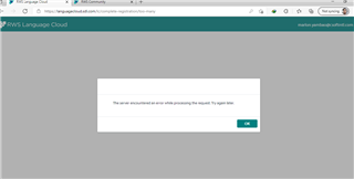 Screenshot of Trados Studio error message stating 'The server encountered an error while processing the request. Try again later.' with an 'OK' button.