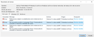 Trados Studio error message in Spanish stating 'No se puede acceder a Language Cloud Compruebe su conexion a Internet o el estado del servicio.'