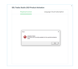 SDL Trados Studio 2021 Product Activation window showing an error message 'Activation failed. No licenses are currently available for the specified activation code.'
