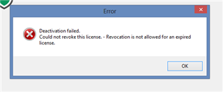 Error dialog box in Trados Studio stating 'Deactivation failed. Could not revoke this license. - Revocation is not allowed for an expired license.' with an OK button.