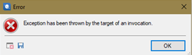 Error dialog box in Trados Studio with a red cross symbol and the message 'Exception has been thrown by the target of an invocation.' with an OK button.