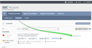 Screenshot of SDL Account page showing Trados Studio 2009 Freelance Plus license with an arrow pointing to the 'Return License' button.
