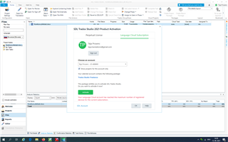 Trados Studio error message stating 'License Activation - No license available. Please check your account entitlements.' with a green 'Activate' button.