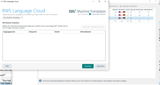 Screenshot of Trados Studio with RWS Language Cloud and SDL Machine Translation window open, showing no available language pairs for selection.