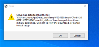 Error message during Trados Studio 2015 installation on Windows 10 stating a file has changed since initially published with options to retry or cancel.