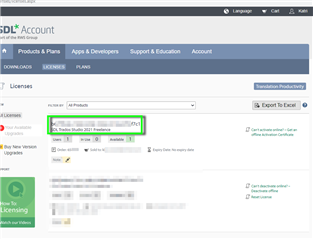 SDL Account webpage showing Trados Studio 2021 Freelance license with an 'Activate' button highlighted in green.