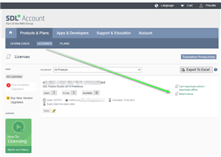 Screenshot of SDL Account Licenses page showing Trados Studio 2019 Freelance license with an option to reset the license.