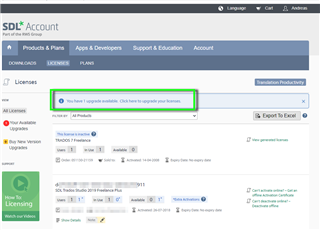 Screenshot of SDL Trados Studio licensing page with a notification 'You have 1 upgrade available. Click here to upgrade your licenses.' highlighted in green.