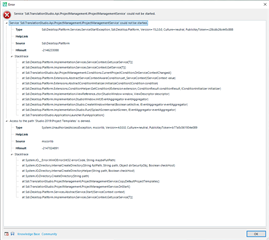 Error message in Trados Studio showing 'Object reference not set to an instance of an object' with multiple stack trace lines.