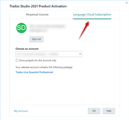 Trados Studio 2021 Product Activation window with Language Cloud Subscription tab highlighted by a red arrow.