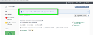 Trados Studio license page with a notification banner stating 'You have 1 upgrade available. Click here to upgrade your license.'