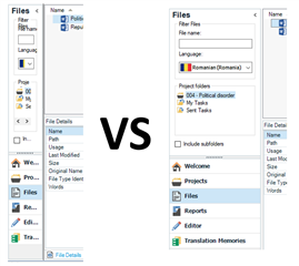 Comparison screenshot showing two different views in Trados Studio. The left side shows the Files view with file details, and the right side shows a Welcome view with project setup options.
