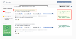 Screenshot of Trados Studio 2019 licensing page showing two license codes. The latest code, marked in red, does not have a 'Reset license' option available.