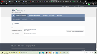 Screenshot of SDL Account webpage showing the Orders tab with an order number and status 'Processing your order'.