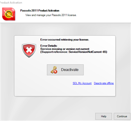 Passolo 2011 Product Activation window showing an error message 'Error occurred retrieving your license' with a red cross icon and options to Deactivate, See My Account, and Deactivate offline.