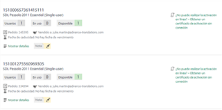 Screenshot of two Passolo 2011 licenses listed on a website with status 'Available 1' and a warning message in Spanish indicating activation cannot be completed without a valid activation code.