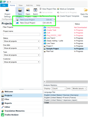 Trados Studio interface showing the 'Home' tab with options for 'New Local Project' and 'New Cloud Project'. A cloud icon is highlighted indicating a cloud project selection.