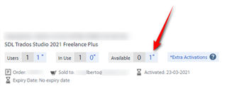 Screenshot of Trados Studio 2021 Freelance Plus license information showing 1 user, 1 in use, 0 available, and 1 extra activation with an arrow pointing to the extra activations.