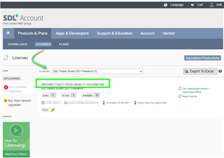 Screenshot of SDL Account Licenses page, highlighting the activation code for Trados Studio 2021 Professional.