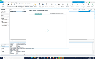 Screenshot of Trados Studio 2021 Product Activation window with a loading icon indicating the software is processing.