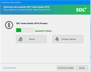 Trados Studio 2019 product activation screen showing the software is in trial mode with options to activate or buy a license.
