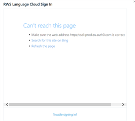 Error message on Trados Studio 2021 sign-in page saying 'Can't reach this page' with suggestions to check the web address, search for the site on Bing, or refresh the page.