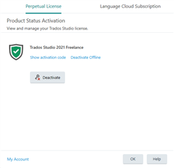 Trados Studio 2021 Freelance activation screen showing a green checkmark indicating successful activation with options to show activation code, deactivate offline, and a deactivate button.