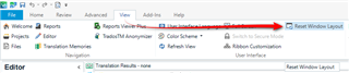 Trados Studio screenshot showing the 'Reset Window Layout' option highlighted in the 'View' tab.